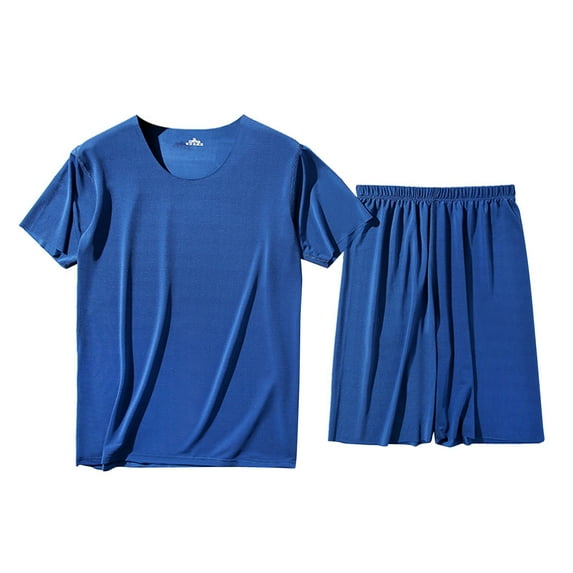 JIANJIA Mens Pajama Sets Summer Solid Color Round Neck Short Sleeve Shirt Tops And Shorts Casual Housewear Two Piece Sleepwear Nightwear,Blue,XL