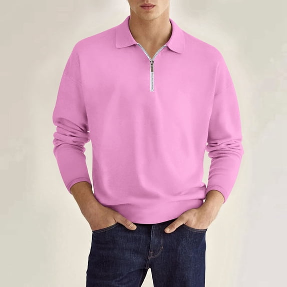 JIANJIA Mens Polo Shirts Autumn Winter Solid Color Lapel Zipper Long Sleeve Loose Fashion Tops Daily-Wear