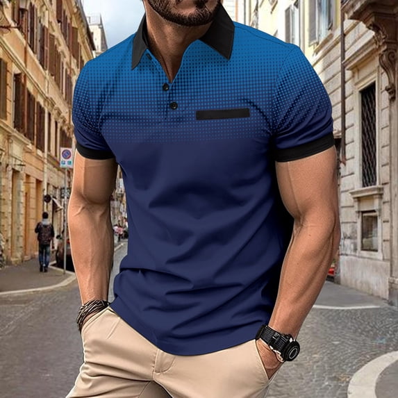 JIANJIA Mens Polo Shirts Gradient Print Lapel Button Pocket Short Sleeve Bottoming Tops Holiday Wear