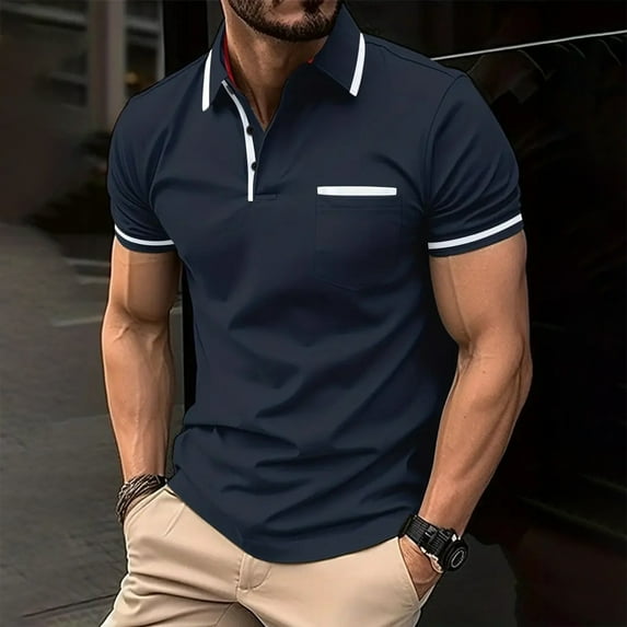 JIANJIA Mens Polo Shirts Solid Color Patchwork Lapel Button Short Sleeve Business Bottoming Tops Sportwear
