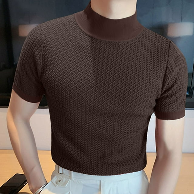 JIANJIA Mens T-Shirts Solid Color Knitted Turtleneck Short Sleeve Pleated Casual Tops Holiday Wear
