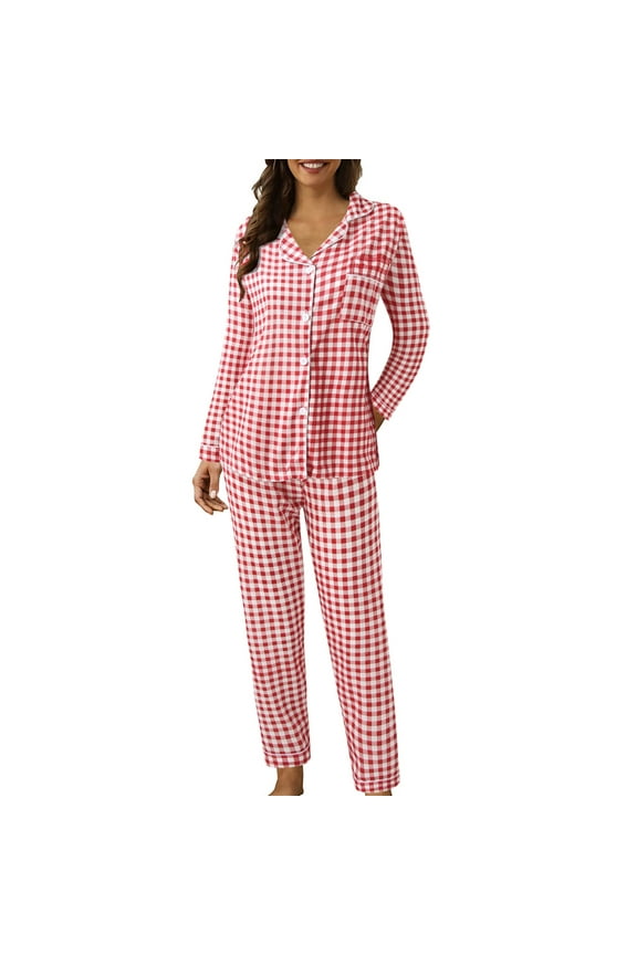 Pajamas For Women Set Plaid Print Lapel Long Sleeve Button Casual Tops With Pants Two Piece Loungewear Homewear