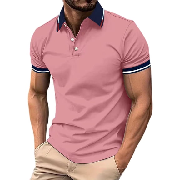 JIANJIA Polo Shirts For Men Solid Color Lapel Short Sleeve Button Down Casual Pullover Tops Daily-Wear,Pink,L