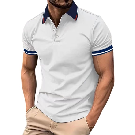 JIANJIA Polo Shirts For Men Solid Color Lapel Short Sleeve Button Down Casual Pullover Tops Daily-Wear,White,L