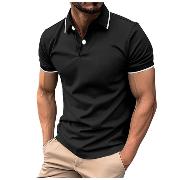 JIANJIA Polo Shirts For Men Solid Color Lapel Short Sleeve Fashion Casual Pullover Tops Holiday Wear,Black,XL