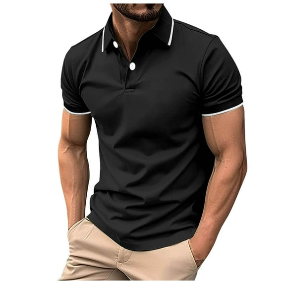 JIANJIA Polo Shirts For Men Solid Color Lapel Short Sleeve Fashion Casual Pullover Tops Sportwear,Black,XXL