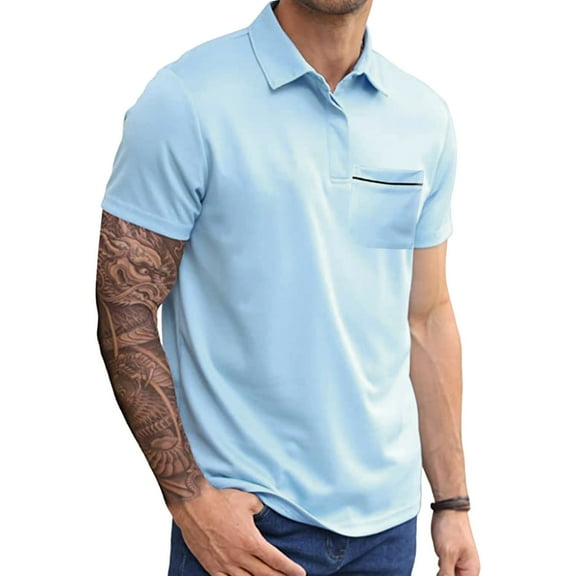 JIANJIA Polo Shirts For Men Summer Solid Color Lapel Short Sleeve Fashion Loose Comfortable Pocket Pullover Tops Activewear,Blue,M