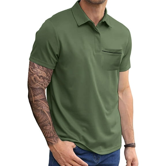 JIANJIA Polo Shirts For Men Summer Solid Color Lapel Short Sleeve Fashion Loose Comfortable Pocket Pullover Tops Activewear,Green,L