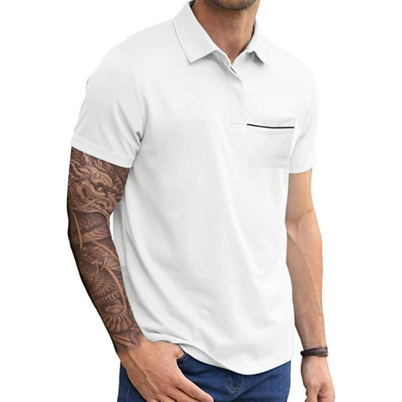 JIANJIA Polo Shirts For Men Summer Solid Color Lapel Short Sleeve Fashion Loose Comfortable Pocket Pullover Tops Outwear,White,L