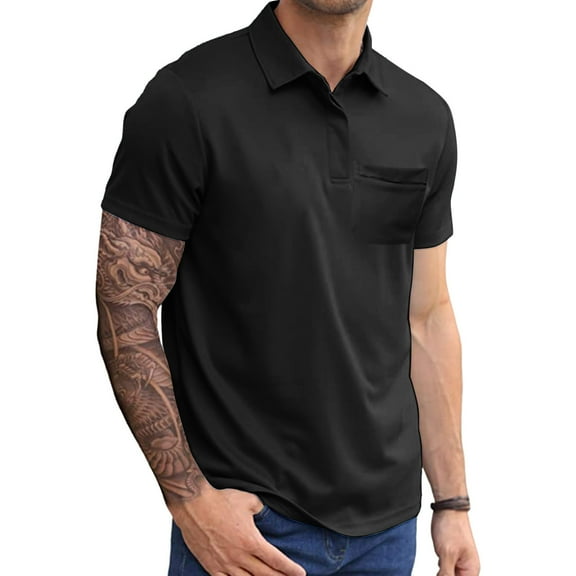 JIANJIA Polo Shirts For Men Summer Solid Color Lapel Short Sleeve Fashion Loose Comfortable Pocket Pullover Tops Streetwear,Black,L