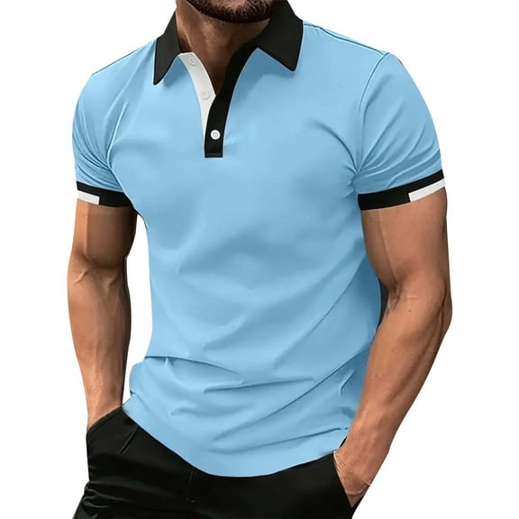 JIANJIA Polo Shirts For Men Summer Solid Color Lapel Short Sleeve Loose Fit Pullover Tops Streetwear,Blue,XXXL
