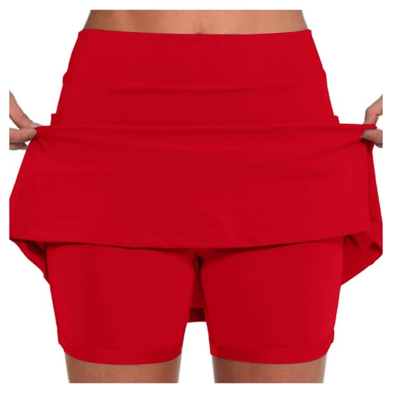 JIANJIA Skirts for Women Summer Solid Color Casual Yoga Sports Pocket Tennis Skirt Activewear,Red,L