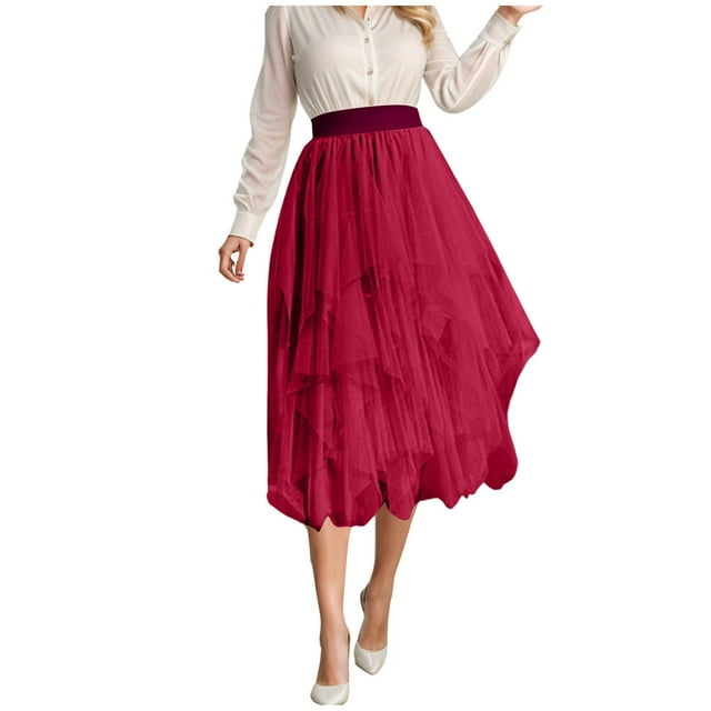 JIANJIA Skirts for Women Summer Solid Color Irregular Mesh High Waist Slim Medium Length Holiday Wear,Red,XL