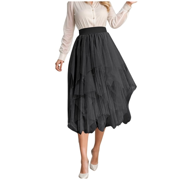 JIANJIA Skirts for Women Summer Solid Color Irregular Mesh High Waist Slim Medium Length Streetwear,Gray,S