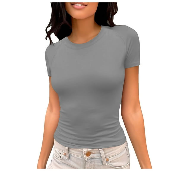 JIANJIA Spring Tops For Women Summer Solid Color Round Neck Short Sleeve Basic Sexy Trendy Slim Tunic Tshirts Streetwear,Gray,XXL