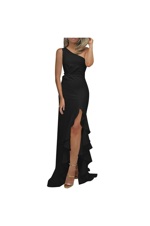 Summer Dresses For Women Solid Color One Shoulder Sleeveless Ruched Ruffle Formal Evening Slim Maxi Daily-Wear,Black,XXL
