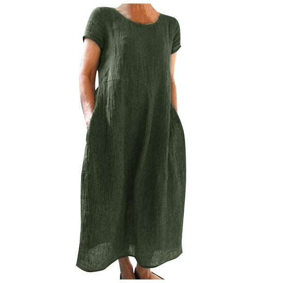 JIANJIA Summer Dresses For Women Solid Color Round Neck Short Sleeve Comfortable Loose Maxi Daily-Wear,Green,S