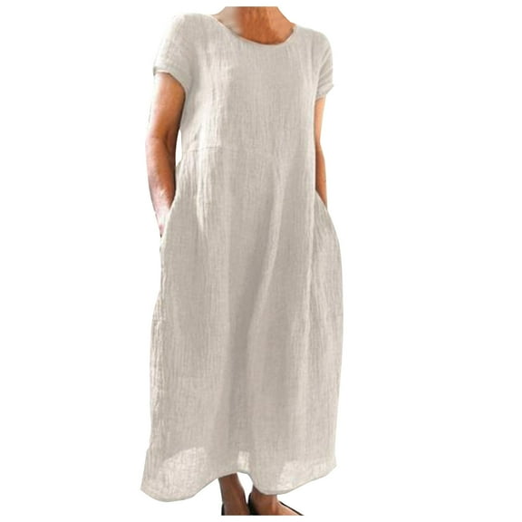 JIANJIA Summer Dresses For Women Solid Color Round Neck Short Sleeve Comfortable Loose Maxi Daily-Wear,White,S