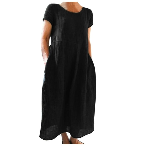 JIANJIA Summer Dresses For Women Solid Color Round Neck Short Sleeve Comfortable Loose Maxi Streetwear,Black,XL