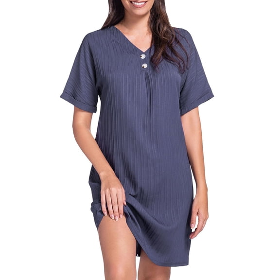 JIANJIA Summer Dresses For Women Solid Color V Neck Button Down Short Sleeve Pullover Comfortable Loose Casual Daily-Wear,Gray,S