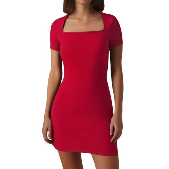 JIANJIA Summer Dresses for Women Solid Color Sexy Square Collar Short Sleeve Slim Tight Mini Bodycon Dress Activewear,Red,M
