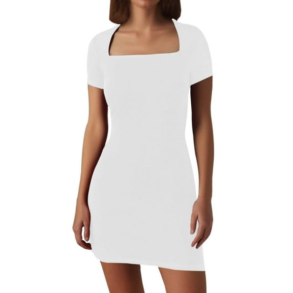 JIANJIA Summer Dresses for Women Solid Color Sexy Square Collar Short Sleeve Slim Tight Mini Bodycon Dress Streetwear,White,M