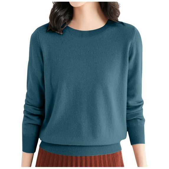 JIANJIA Sweaters For Women Fall Winter Knitted Solid Color Round Neck Long Sleeve Loose Casual Tops Pullover Sweater Holiday Wear,Blue,XXXL