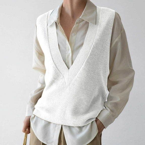 JIANJIA Sweaters For Women Solid Color V Neck Sleeveless Vest Knitwear Trendy Autumn Winter Pullover Activewear