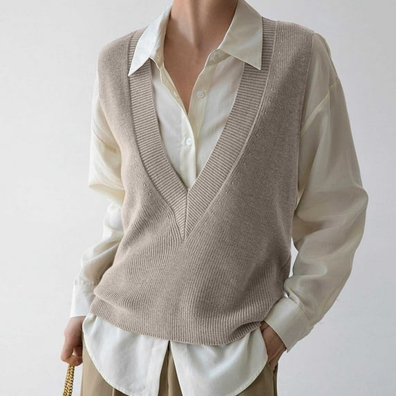 JIANJIA Sweaters For Women Solid Color V Neck Sleeveless Vest Knitwear Trendy Autumn Winter Pullover Activewear