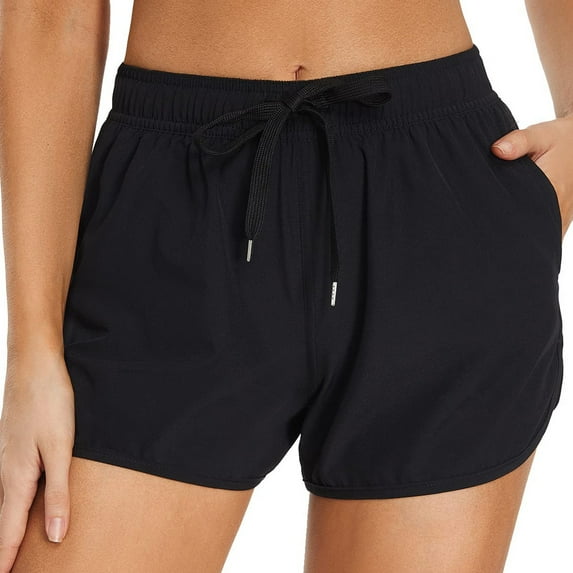 JIANJIA Swim Suits For Women 2025 Summer Solid Color Elastic High Waist Drawstring With Pockets Sports Yoga Tankini Swim Shorts Swimwears,Black,XL