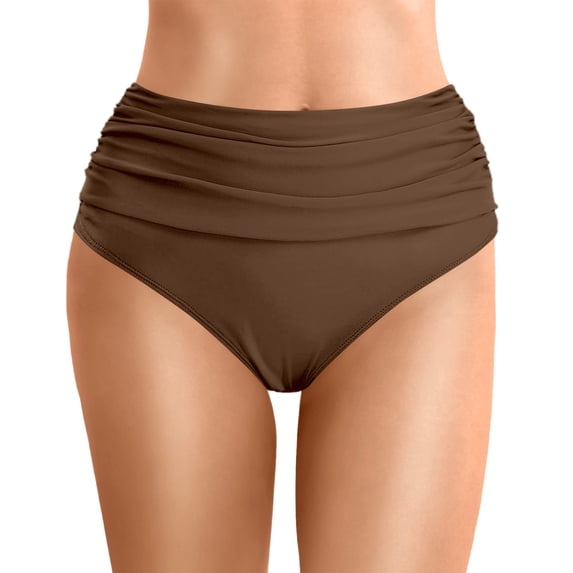 JIANJIA Swim Suits For Women 2025 Summer Solid Color High Waist Belly Control Stylish Beach Tankini Swim Bottoms Beachwear,Brown,L