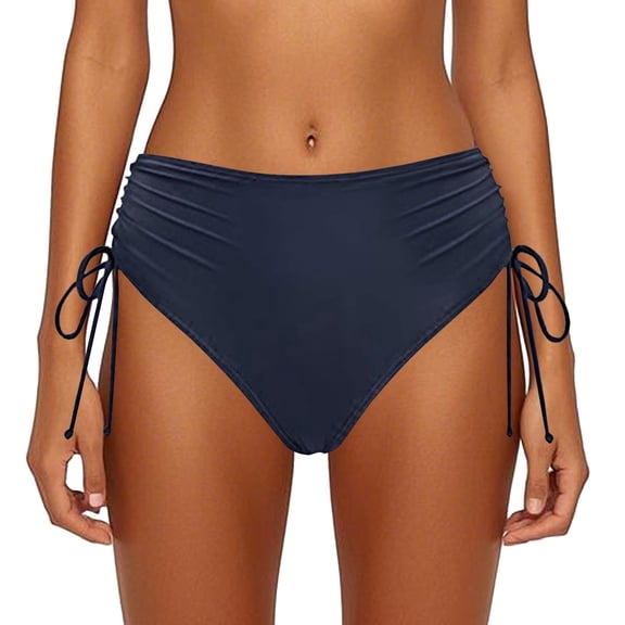 JIANJIA Swim Suits For Women 2025 Summer Solid Color Low Waist Side Tie Drawstring Vintage Brazilian Bikini Briefs Swim Bottoms Beachwear,Navy,XS
