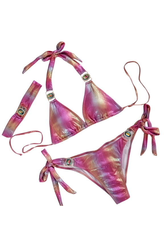 Swim Suits for Women Summer Gradient Print Lace Up Halter Sexy Sparkly Brassiere With Thongs Split Beach Hair Band Three Piece Bikinis Swimwears Activewear,Pink,M