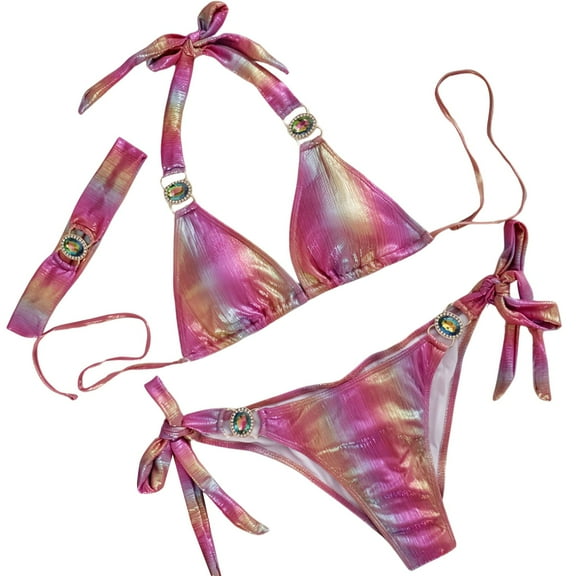 JIANJIA Swim Suits for Women Summer Gradient Print Lace Up Halter Sexy Sparkly Brassiere With Thongs Split Beach Hair Band Three Piece Bikinis Swimwears Beachwear,Pink,S