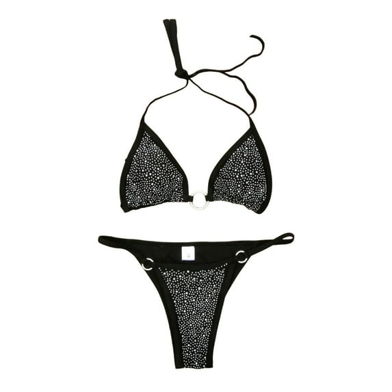 JIANJIA Swim Suits for Women Summer Rhinestone Solid Color Lace Up Halter Sexy Brassiere With Thongs Brazilian Two Piece Bikinis Swimwears Activewear,Black,M