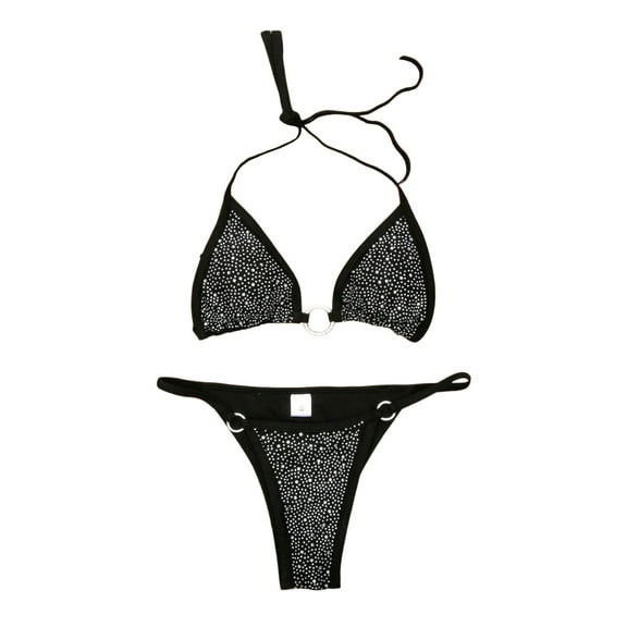 JIANJIA Swim Suits for Women Summer Rhinestone Solid Color Lace Up Halter Sexy Brassiere With Thongs Brazilian Two Piece Bikinis Swimwears Beachwear,Black,S