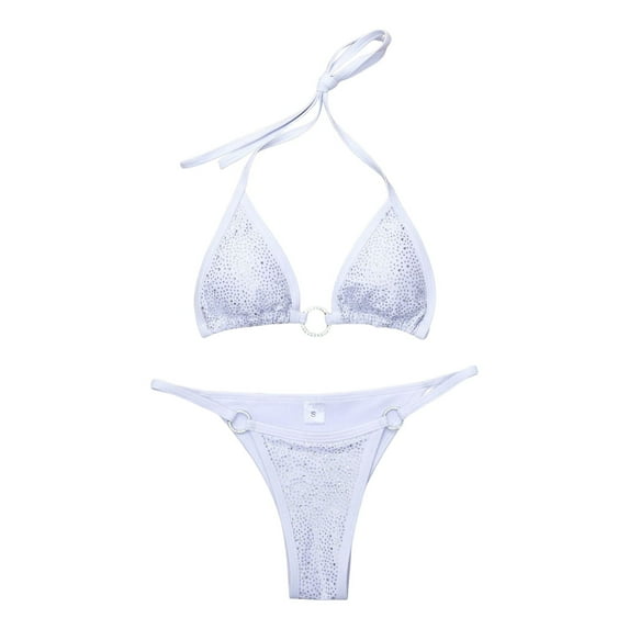 JIANJIA Swim Suits for Women Summer Rhinestone Solid Color Lace Up Halter Sexy Brassiere With Thongs Brazilian Two Piece Bikinis Swimwears Beachwear,White,L