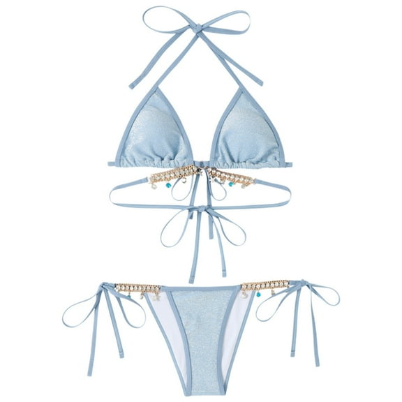 JIANJIA Swim Suits for Women Summer Solid Color Rhinestone Lace Up Halter Sexy Brassiere With Thongs And Cover Up Swimming Skirts Three Piece Bikinis Swimwears Activewear,Blue,L