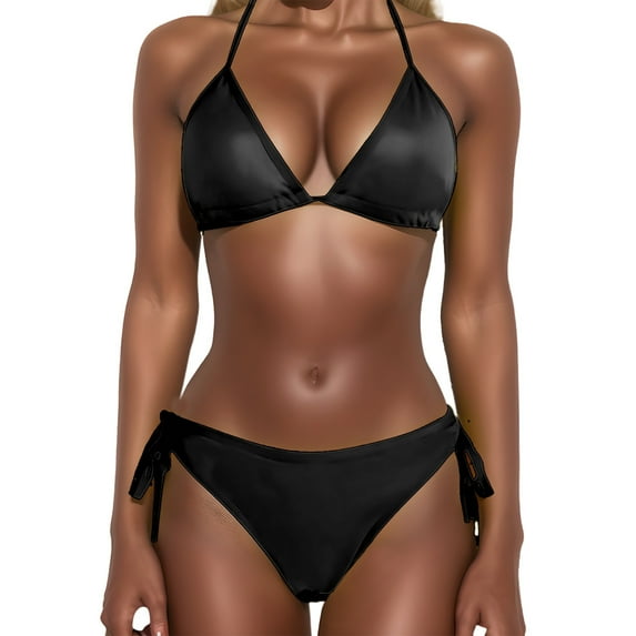 JIANJIA Swim Suits for Women Summer Solid Color Lace Up Halter Brassiere With Thongs Two Piece Bikinis Swimwears Activewear,Black,S
