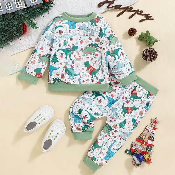 JIANJIA Toddler Boys Outfit Sets Christmas Dinosaur Print Crew Neck Long Sleeve Tops With Pants Two Piece Activewear