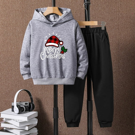 JIANJIA Toddler Boys Outfit Sets Christmas Letter Print Long Sleeve Hoodie Tops With Pants 2Pcs Streetwear