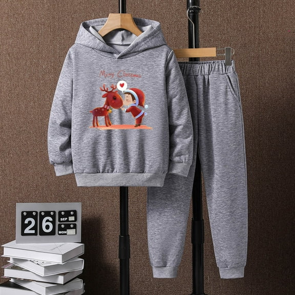 JIANJIA Toddler Boys Outfit Sets Christmas Reindeer Cartoon Print Long Sleeve Hoodie Tops With Pants 2Pcs Streetwear