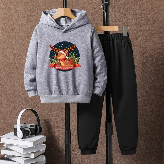 JIANJIA Toddler Boys Outfit Sets Christmas Reindeer Print Hooded Long Sleeve Tops With Pants 2Pcs Daily-Wear