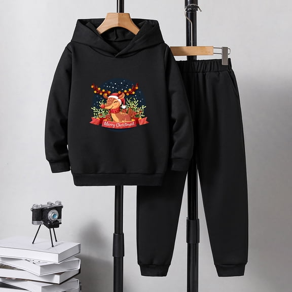 JIANJIA Toddler Boys Outfit Sets Christmas Reindeer Print Hooded Long Sleeve Tops With Pants 2Pcs Outwear