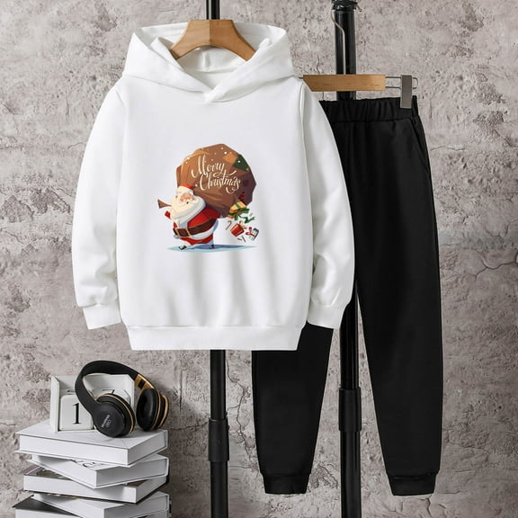 JIANJIA Toddler Boys Outfit Sets Christmas Santa Print Long Sleeve Hoodie Tops With Pants 2Pcs Holiday Wear
