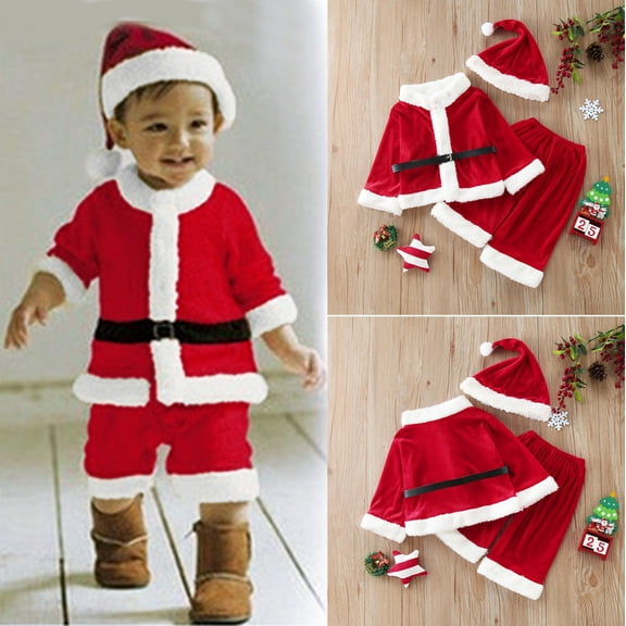 JIANJIA Toddler Boys Outfit Sets Christmas Santa Solid Color Crew Neck Long Sleeve Tops With Pants With Hat 3Pcs Activewear