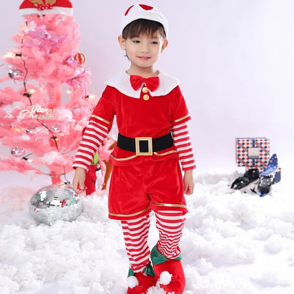 JIANJIA Toddler Boys Outfit Sets Christmas Santa Suit Solid Color Crew Neck Long Sleeve Tops With Pants Hat Daily-Wear
