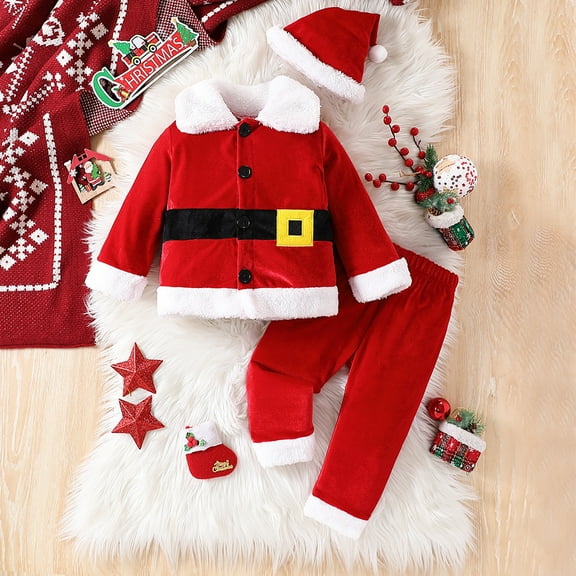 JIANJIA Toddler Boys Outfit Sets Christmas Santa Suit Solid Color Lapel Long Sleeve Tops With Pants Hat Holiday Wear