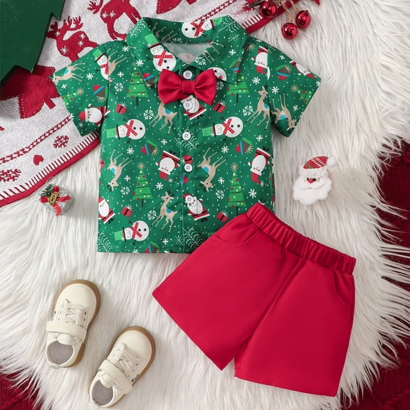 JIANJIA Toddler Boys Outfit Sets Christmas Snowman Print Lapel Short Sleeve Shirt Tops With Shorts Holiday Wear