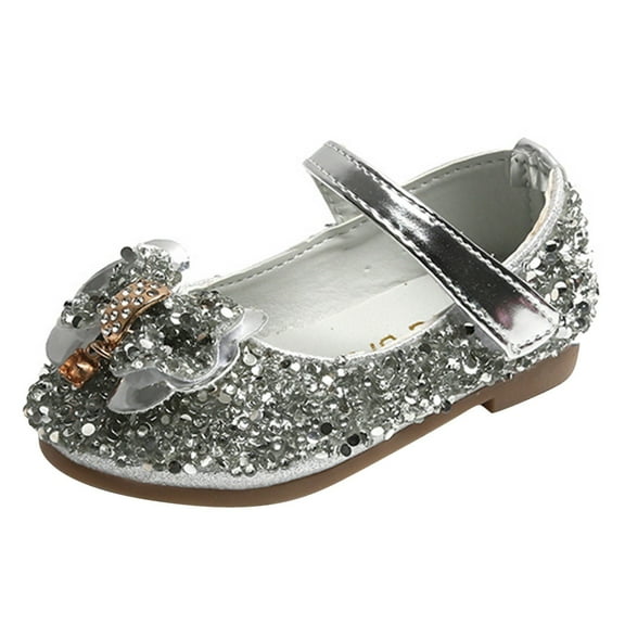 JIANJIA Toddler Girls Hiking Sandals Closed Toe Sequins Solid Color Heels Party Bowknot Fashion Flat Bottom Kids Shoes Daily-Wear,Silver,25